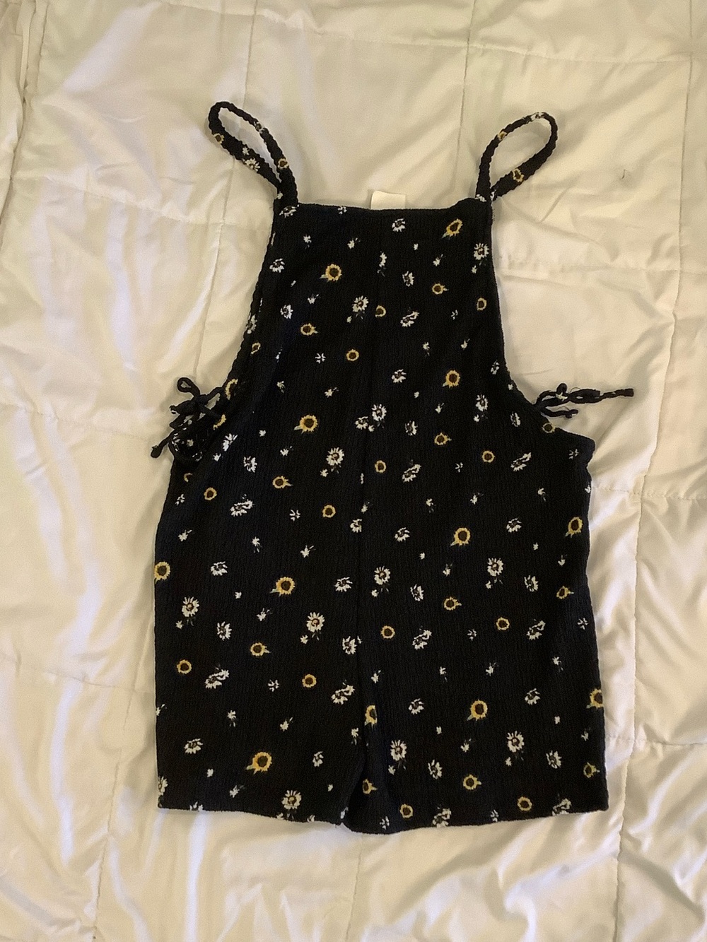 Self Esteem Black Daisy Smocked Romper with Yellow Accents